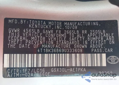 2009 Toyota Avalon Limited из США, поврежденный, VIN 4T1BK36B69U333608